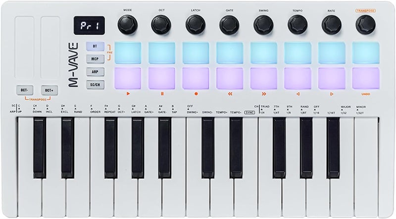 M-VAVE 25 مفتاح 16 وسادة درام مضاءة MIDI لوحة مفاتيح – صانع إيقاعات محترف و Keytar لإنتاج الموسيقى على لوحة المفاتيح مع بطارية مدمجة اتصال لاسلكي أبيض - Image 1